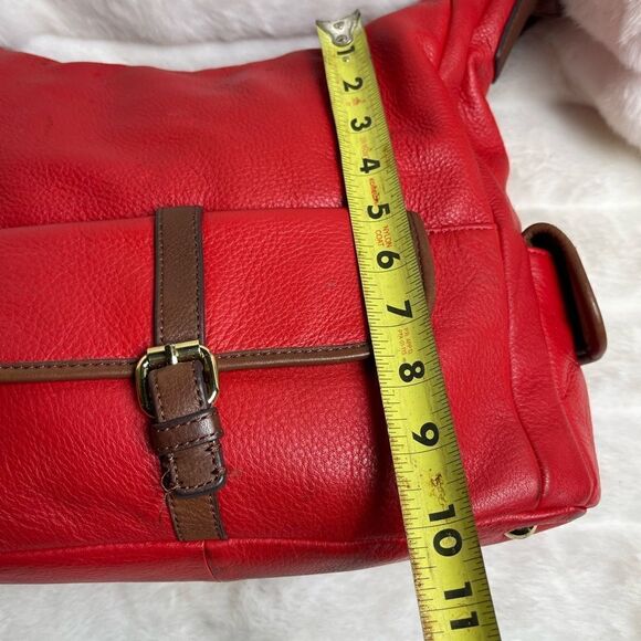 Isaac Mizrahi leather blood orange red shoulder bag with brown trims. - Picture 4 of 13